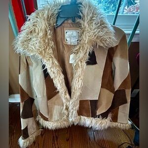 VINTAGE LEARSI Patchwork Leather Jacket with Faux Fur Trim, like new, L